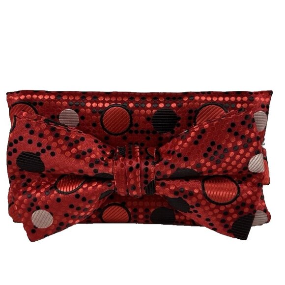 Stacy Adams Men's Bow Tie Hanky Set Red Black Beige Polka Dot Ready Tied New - Picture 1 of 5
